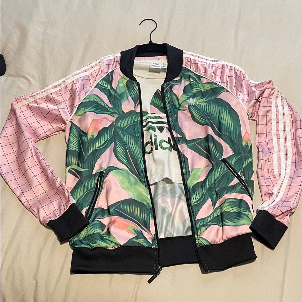 Adidas Women's Tropical Pink and Green Bomber Jacket & crop t shirt set